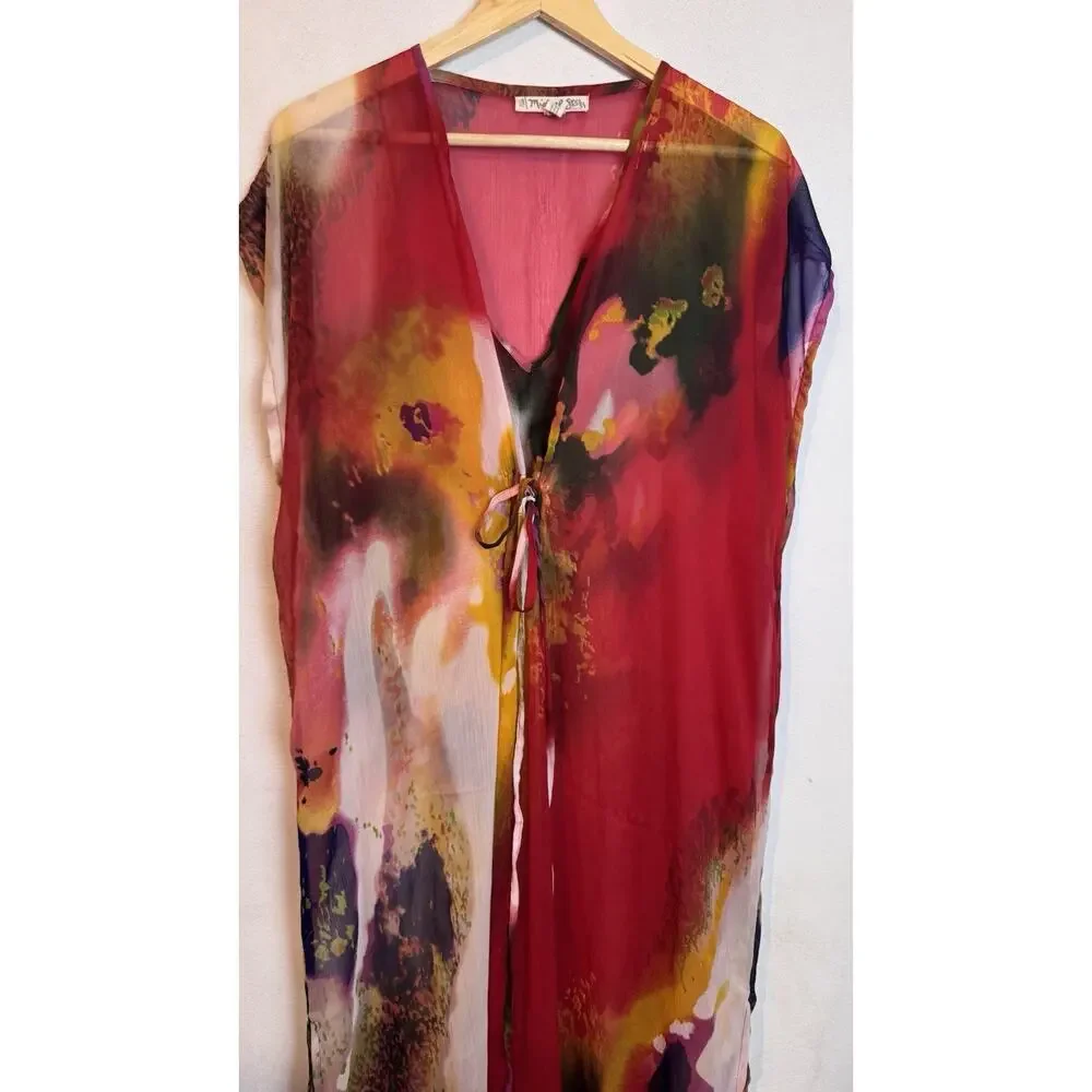 Michael Stars Sheer Colorful Watercolor Kaftan Cover Up One Size Pastel Gardens